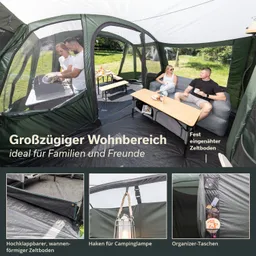 Großer, heller Wohnbereich in einem Zelt mit zwei Personen am Tisch und einer Person auf der Couch. Zeltboden ist fest eingenäht.