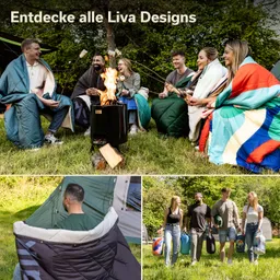 Gruppe von Personen sitzt um ein Feuer, eingehüllt in Decken. Untere Bilder zeigen eine Person im Schlafsack und eine Gruppe, die Taschen trägt.