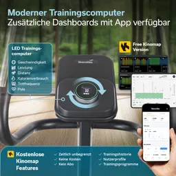 Modernen Trainingscomputer mit LED-Anzeige und verschiedenen Leistungsindikatoren. App-Dashboards auf mobilen Geräten.