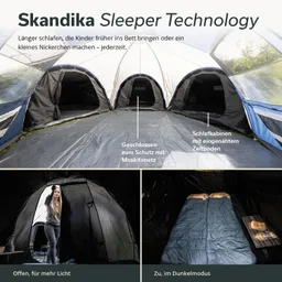 Zeltinneneinblick mit Schlafkabinen, Moskitonetz und Bett mit Decken, umgeben von Zeltwänden. Heller und dunkler Bereich sichtbar.