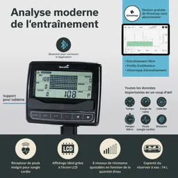 Display eines Trainingsgeräts mit LCD-Bildschirm. Funktionen zur Herzfrequenzmessung, Bluetooth-Verbindung und Tablet-Halterung.