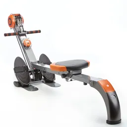 Rudermaschine in Grau und Orange mit gepolsterter Sitzfläche und Widerstandselementen.
