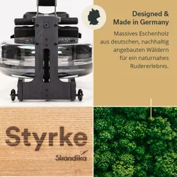 Rudergerät aus Holz mit Wassertank, begleitet von Text über Materialien und Herkunft. Grafische Elemente in verschiedenen Farben.
