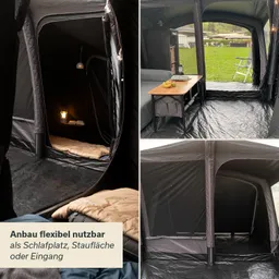 Innenansicht eines Zeltes mit verschiedenen Perspektiven. Möbelstück mit Tisch und Stühlen, Schlafplatz und Eingang sichtbar.