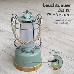 Grüne, akkubetriebene Laterne mit einem stabilen Metallgitter und Seilgriff. Am Fuß ein Holzsockel und Micro-USB-Anschluss sichtbar.