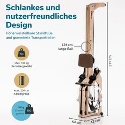 Schnell kommendes Gerät mit höhenverstellbarem Standfuß, gummierten Transportrollen und einer 134 cm langen Rail. Maße: 211 cm hoch, 54 cm breit, 47 cm tief. Max. Benutzergewicht 180 kg, Körpergröße 200 cm, Produktgewicht 30 kg.