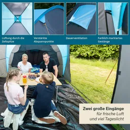 Ein Zelt mit blauen und grauen Elementen, innen sitzen zwei Erwachsene und zwei Kinder an einem Tisch. Auf dem Tisch stehen Getränke und Snacks. Der Zeltboden ist schwarz, und im Hintergrund ist eine grüne Wiese zu sehen.