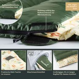 Grüner Schlafsack mit doppeltem Klettverschluss und Reißverschluss, innen gemustert, mit praktischer Innentasche.