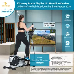 Frau auf einem Crosstrainer vor einem Fernseher, der eine Landschaft zeigt. Informationen über Kinomap und Skandika-Angebote.