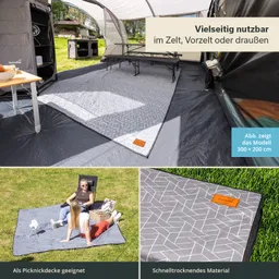 Grau-musterte Picknickdecke im Zelt und auf Grünfläche, umgeben von Campingausstattung. Schnelltrocknendes Material, vielseitig nutzbar.