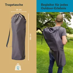 Tragetasche in Grau mit den Maßen 35 cm x 106 cm, getragen von einer Person im Freien.