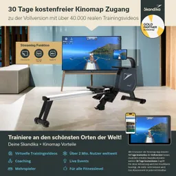 Rudermaschine in einem modernen Raum, Fernseher zeigt ein Trainingsvideo. Werbung für Kinomap-Zugang und Funktionen.