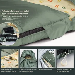 Schlafsack in grün, mit Reißverschluss, Innenfutter mit bunten Mustern, praktische Taschen und Kordelzugkapuze.