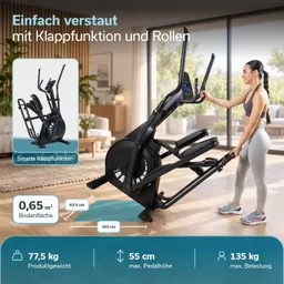 Ellipsentrainer mit Klappfunktion, der von einer Person geschoben wird. Hintergrund mit Fenstern und Holzfußboden.