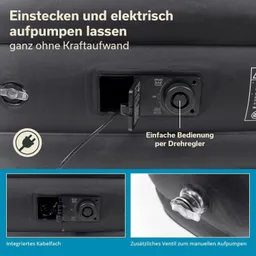Elektro-Luftmatratze mit integrierter Pumpe und Drehregler für einfache Benutzung, zusätzliches Ventil sichtbar.