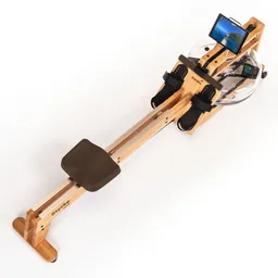 Rudergerät aus Holz mit einer transparenten Wasserkammer, Fußstützen und einem Halter für ein Tablet.