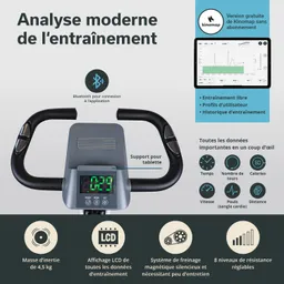 Übersicht über ein Trainingsgerät mit LCD-Anzeige, Bluetooth-Verbindung, Halterung für Tablets und Details zu Trainingsdaten.