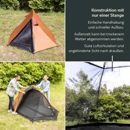 Zelt mit orangefarbenem Stoff auf einer Wiese, zwei Personen beim Aufbau, Innenansicht mit Blick nach draußen.