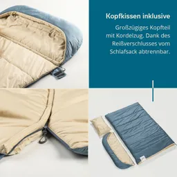 Schlafsack mit abtrennbarem Kopfkissen, hellbeige und blau, Reißverschluss sichtbar, zusätzliches Kissen daneben.