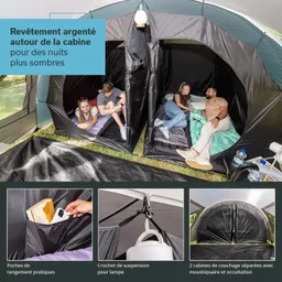 Zelt mit zwei getrennten Schlafkabinen, ausgestattet mit Matratzen und praktischem Stauraum. Lampe und Wasserflaschen sichtbar.