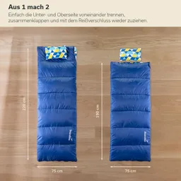 Zwei Schlafsäcke in Blau liegen auf einem Holzfußboden. Einer ist 220 cm lang, der andere 190 cm. Beide haben gestreifte Kissen.