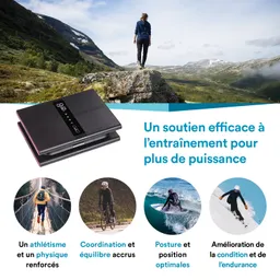 Eine Person steht auf einem Felsen in einer bergigen Landschaft. Im Vordergrund liegt ein sportliches Gerät. Daneben sind vier kleinere Bilder von sportlichen Aktivitäten zu sehen.