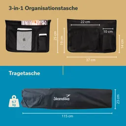 Schwarze 3-in-1 Organisationstasche mit Fächern für Tablet, Smartphone und Zeitschrift. Untere Tragetasche in Schwarz mit Maßen.