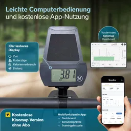 Display eines Geräts mit Zahlen, das Zeit, Ruderzüge, Kalorienverbrauch und Distanz anzeigt. Smartphone zeigt App-Oberfläche.