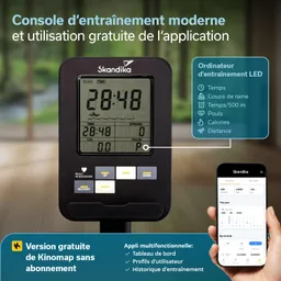 Konsole mit LED-Anzeige für Fitnessdaten wie Zeit, Puls, Kalorien und Distanz daneben ein Smartphone mit einer Fitness-App.