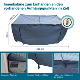 Innenkabine zum Einhängen im Zelt, mit Maßen und Details zu Taschen, Reißverschlüssen und Haken zur Aufhängung.