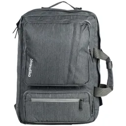 Grauer Rucksack mit mehreren Taschen und Reißverschlüssen, Tragegriff und verstellbaren Schulterriemen.