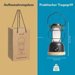 Aufbewahrungsbox für eine Lampe auf der linken Seite, rechts eine Lampe mit Maßangaben und Gewichtsinfo.