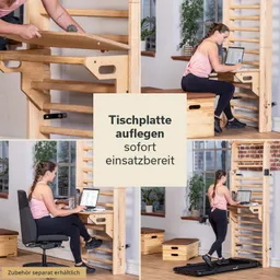 Holzkonstruktion mit integrierter Tischplatte, Person am Arbeitsplatz sitzend und stehend, zwei Sitzmöglichkeiten, Pflanzen im Hintergrund.