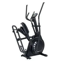 Ellipsentrainer in Schwarz mit einem Display, Griffen und Pedalen, steht auf einem neutralen Hintergrund.