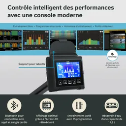 Konsole mit LCD-Display, Tablet-Halterung und Informationsgrafiken. Informationen zu Bluetooth, Wasserbehälter und Programmen.
