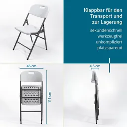 Faltstuhl mit grauem Gestell und weißer Sitzfläche. Maße: 46 cm Breite, 111 cm Höhe, 4,5 cm dick im gefalteten Zustand.