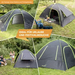 Zelt mit grünen Akzenten auf Wiese, zwei Personen am Tisch mit Getränken und Obst, Bäume im Hintergrund.