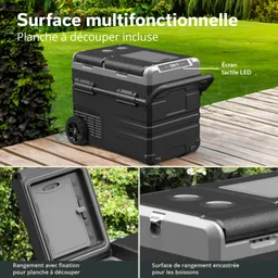 Multifunktionale Kühlbox auf einem Holzdeck, umgeben von einer grünen Rasenfläche. Inkl. herausnehmbarer Schneidefläche.