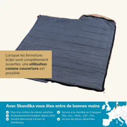 Blaue Decke mit geometrischem Muster, teilweise offen, zusätzlich Text in französischer Sprache über Verwendung und Dienstleistungen.