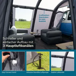 Innenansicht eines Zeltbereichs mit blauen und grauen Möbeln. Im Hintergrund ein weiß-blauer Van. Text und Abbildungen zu Luftkanälen und Ventilen.