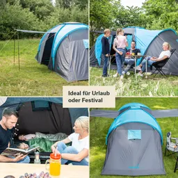 Zelt mit blauer und grauer Farbe auf einer Wiese Personen sitzen und stehen an einem Tisch, im Zelt sind zwei Personen.