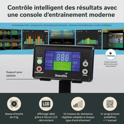 Konsole eines Trainingsgeräts mit LCD-Bildschirm, Tasten zur Steuerung und Tablet-Halterung. Informationen zu Programmen und Widerständen.
