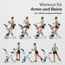 Ein Trainingsgerät in mehreren Positionen wird dargestellt. Es zeigt eine Person, die Übungen für Arme und Beine ausführt.