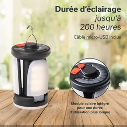 Solarbetriebene Laterne auf einem Holztisch, mit Haken zum Aufhängen, LED-Lampen und USB-Ladeanschluss.