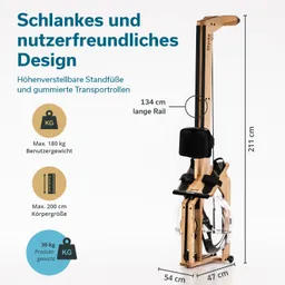Rudergerät aus Holz mit Höheverstellbaren Standfüßen, gummierten Transportrollen und einem 134 cm langen Rail. Maße: 211 cm hoch, 54 cm breit und 47 cm tief. Max. Benutzergewicht 180 kg, für Körpergrößen bis 200 cm, Produktgewicht 30 kg.
