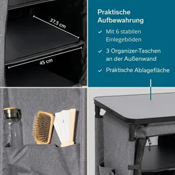 Aufbewahrungssystem mit 6 Einlegeböden und drei Außentaschen. Flächeninformationen und Materialien sind angegeben.