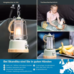 Eine grüne Leuchte mit einem Glaszylinder und Holzsockel, die in einem Zelt hängt. Daneben eine Person mit der Leuchte. Oben ist eine andere Ansicht der Leuchte auf einem Tisch mit Bananen.