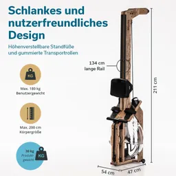 Rudergerät aus Holz mit einer transparenten Wasserkammer, Höhenverstellung und gummierten Transportrollen. Maße und Gewichtsangaben aufgelistet.