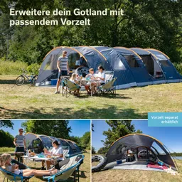 Zelt auf Rasenfläche mit Vorzelt, Familie am Tisch mit Essen, zwei Personen im Zelt, Fahrrad im Hintergrund.