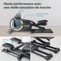 Ellipsentrainer mit zentralem Antrieb und Fußplatten, beschriftet mit technischen Details wie Masse d'inertie und Facteur Q.